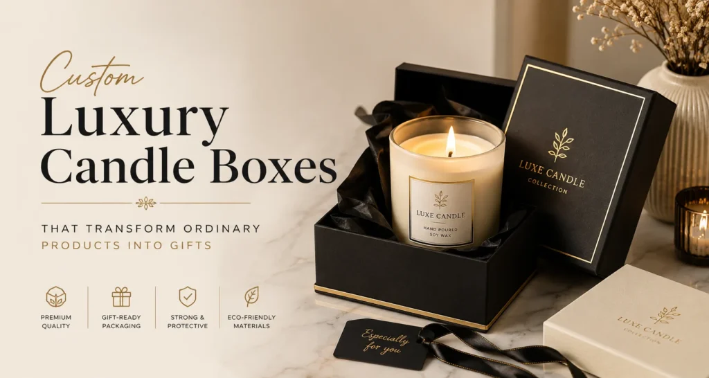 Luxury candle boxes in a premium rigid gift box with gold foil details on a modern marble tabletop.
