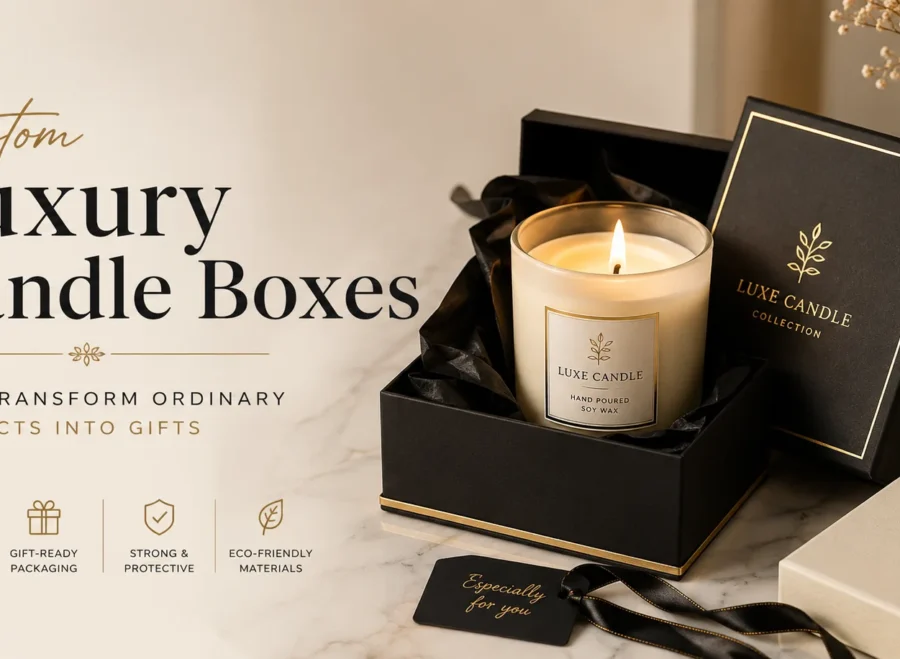 Luxury candle boxes in a premium rigid gift box with gold foil details on a modern marble tabletop.