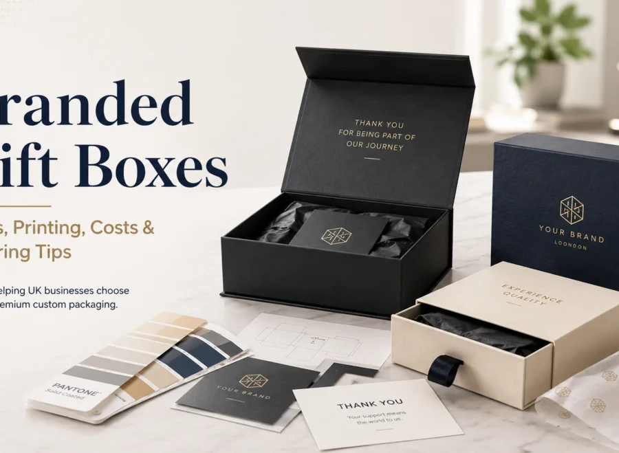 Premium branded gift boxes with custom logo printing, magnetic closures, and luxury finishes for UK businesses
