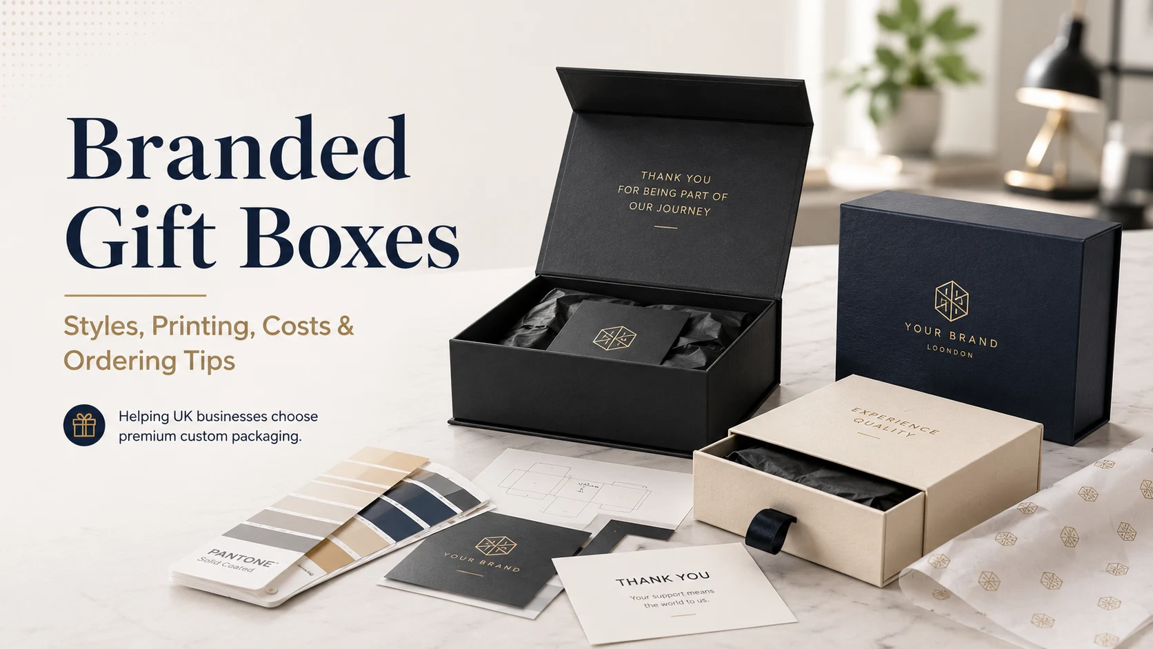 Premium branded gift boxes with custom logo printing, magnetic closures, and luxury finishes for UK businesses