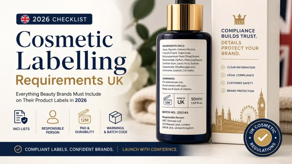 Cosmetic Labelling Requirements UK shown on compliant beauty product packaging and cosmetic label.