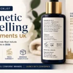 Cosmetic Labelling Requirements UK shown on compliant beauty product packaging and cosmetic label.
