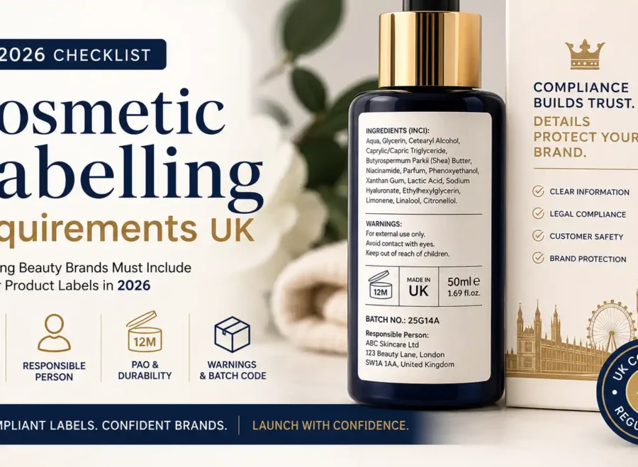 Cosmetic Labelling Requirements UK shown on compliant beauty product packaging and cosmetic label.