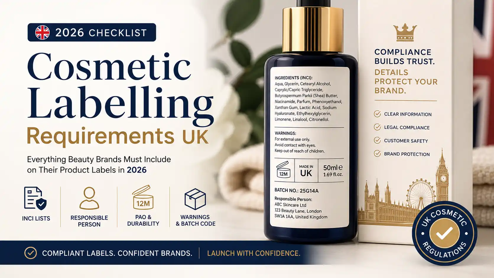 Cosmetic Labelling Requirements UK shown on compliant beauty product packaging and cosmetic label.