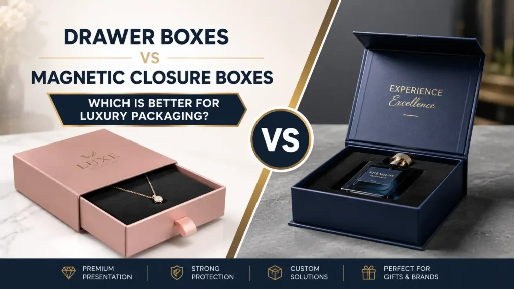 Drawer boxes vs magnetic closure boxes for luxury packaging, gift sets, cosmetics, and jewellery.
