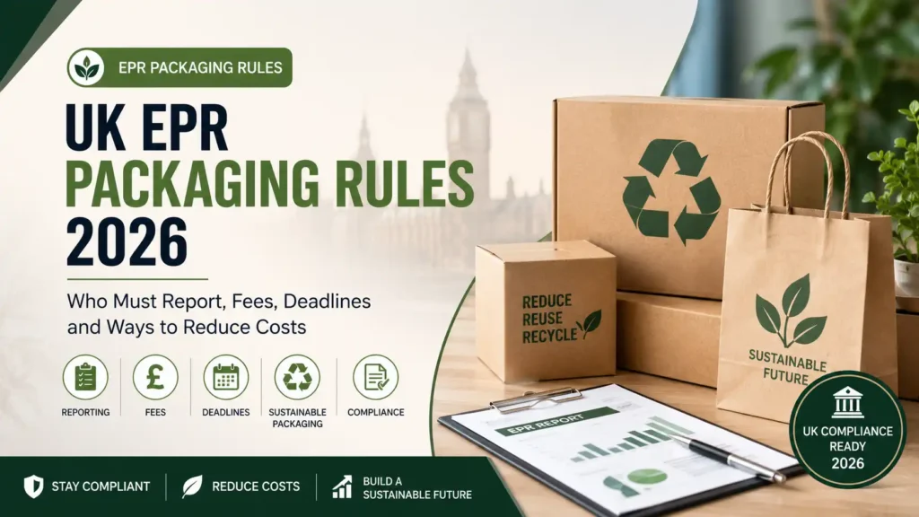 UK EPR Packaging Rules 2026 banner with recyclable packaging, reporting, fees, deadlines, and compliance icons.