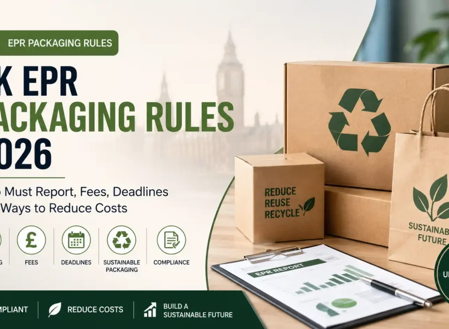UK EPR Packaging Rules 2026 banner with recyclable packaging, reporting, fees, deadlines, and compliance icons.