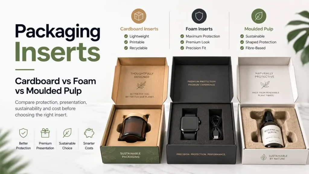 Packaging inserts comparison showing cardboard, foam and moulded pulp inserts for product protection