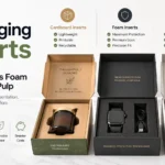 Packaging inserts comparison showing cardboard, foam and moulded pulp inserts for product protection