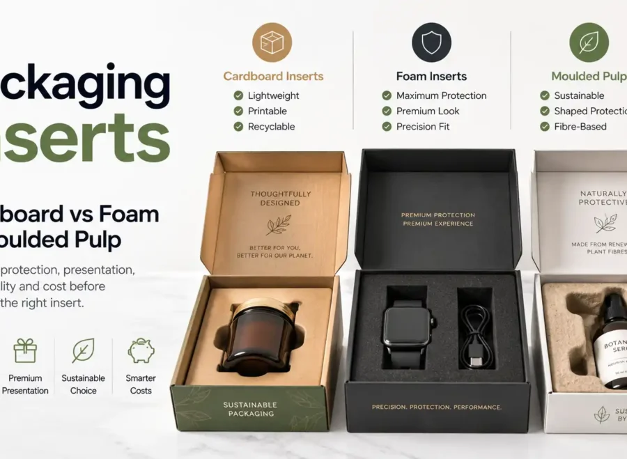 Packaging inserts comparison showing cardboard, foam and moulded pulp inserts for product protection