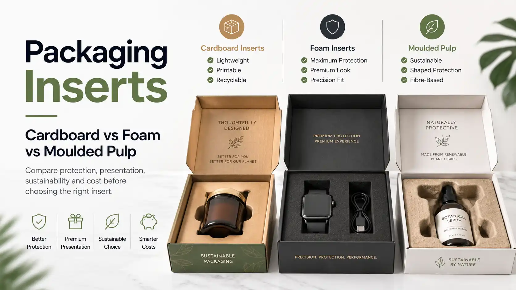 Packaging inserts comparison showing cardboard, foam and moulded pulp inserts for product protection