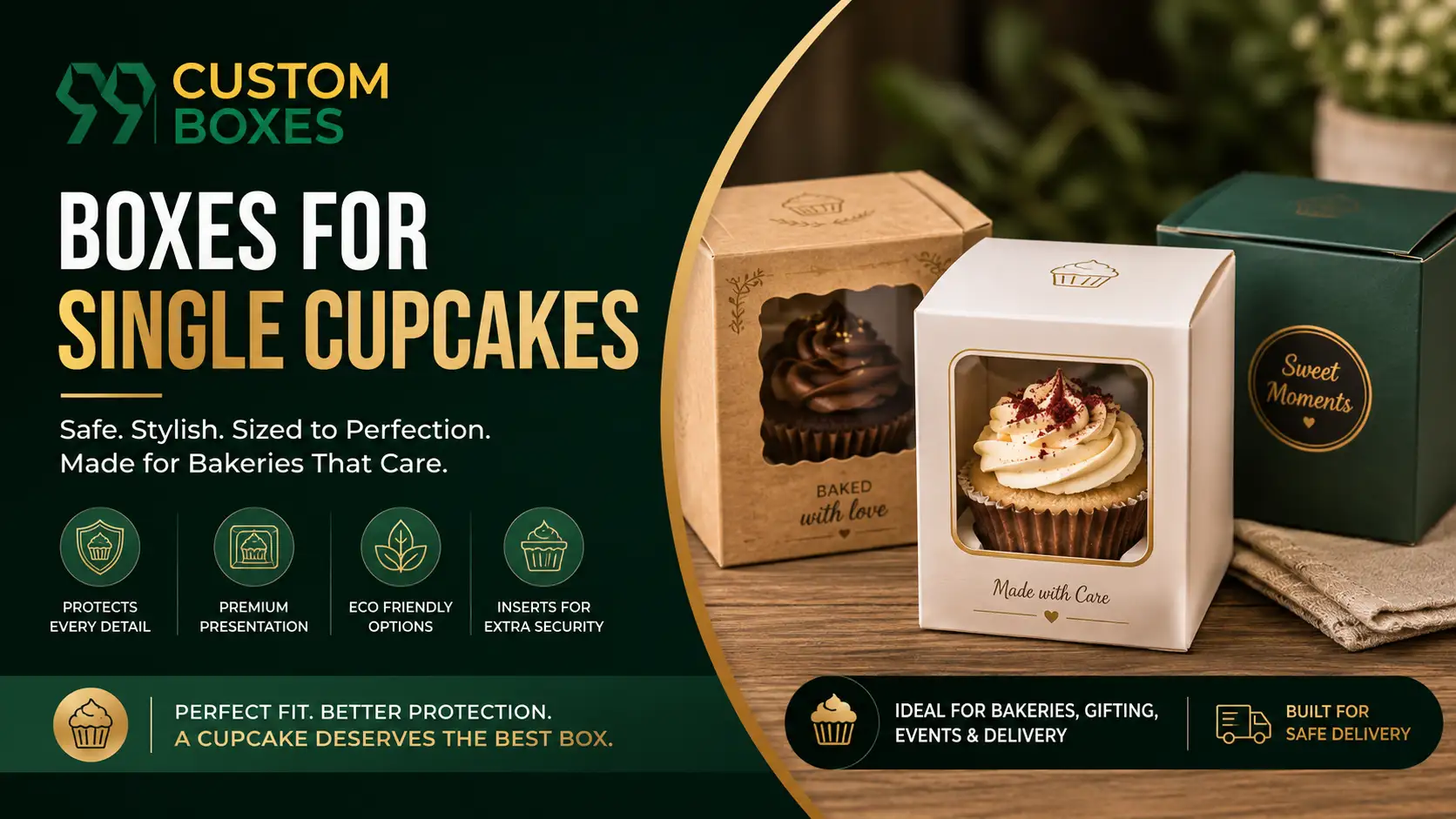 Boxes for single cupcakes with inserts for premium bakery packaging