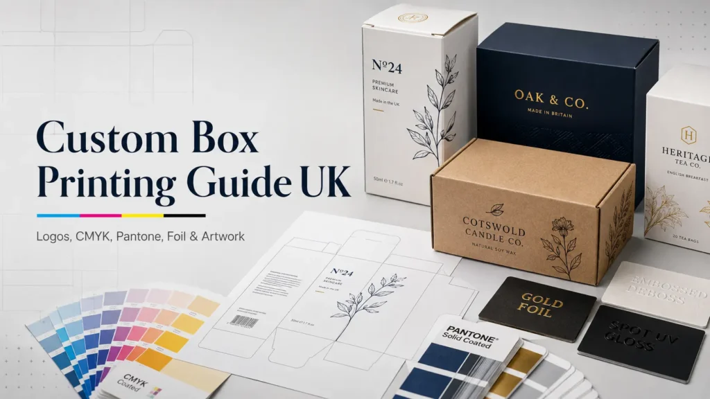 Custom box printing guide showing CMYK, Pantone, logo printing, foil, embossing and packaging artwork in the UK