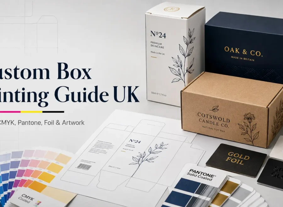Custom box printing guide showing CMYK, Pantone, logo printing, foil, embossing and packaging artwork in the UK