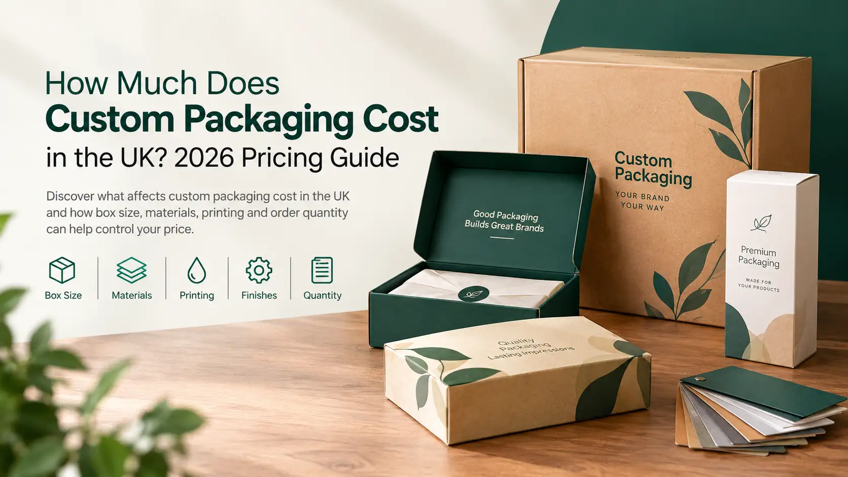 Custom packaging cost UK pricing guide showing boxes, materials, printing and packaging options