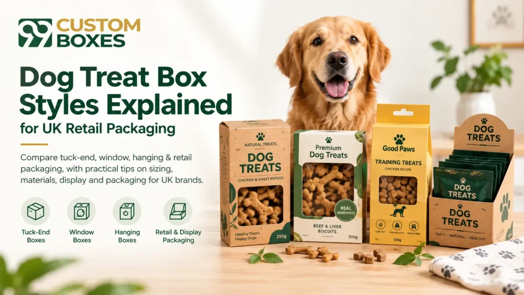 Dog treat box styles including tuck-end, window, hanging and retail packaging