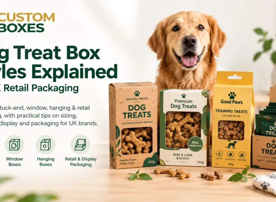 Dog treat box styles including tuck-end, window, hanging and retail packaging
