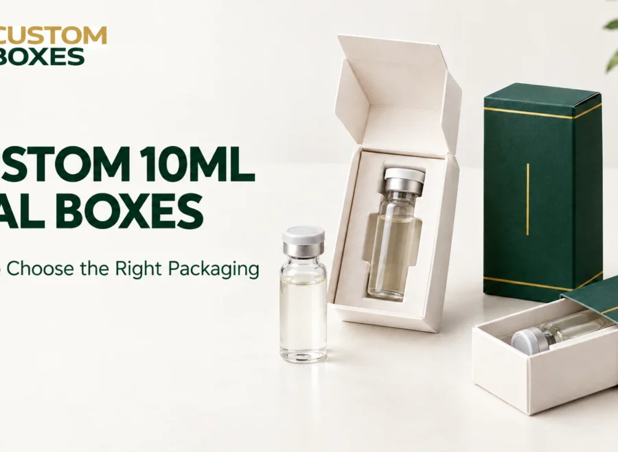 Open custom vial box showing 10 ml glass vials held in separate fitted inserts